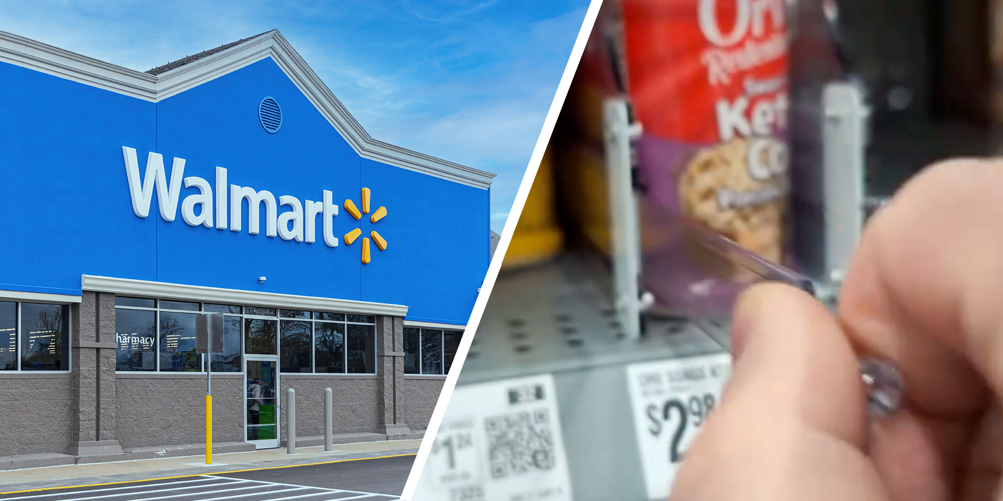 A photo of a Walmart exterior next to a photo of a hand in front of popcorn seasonings.