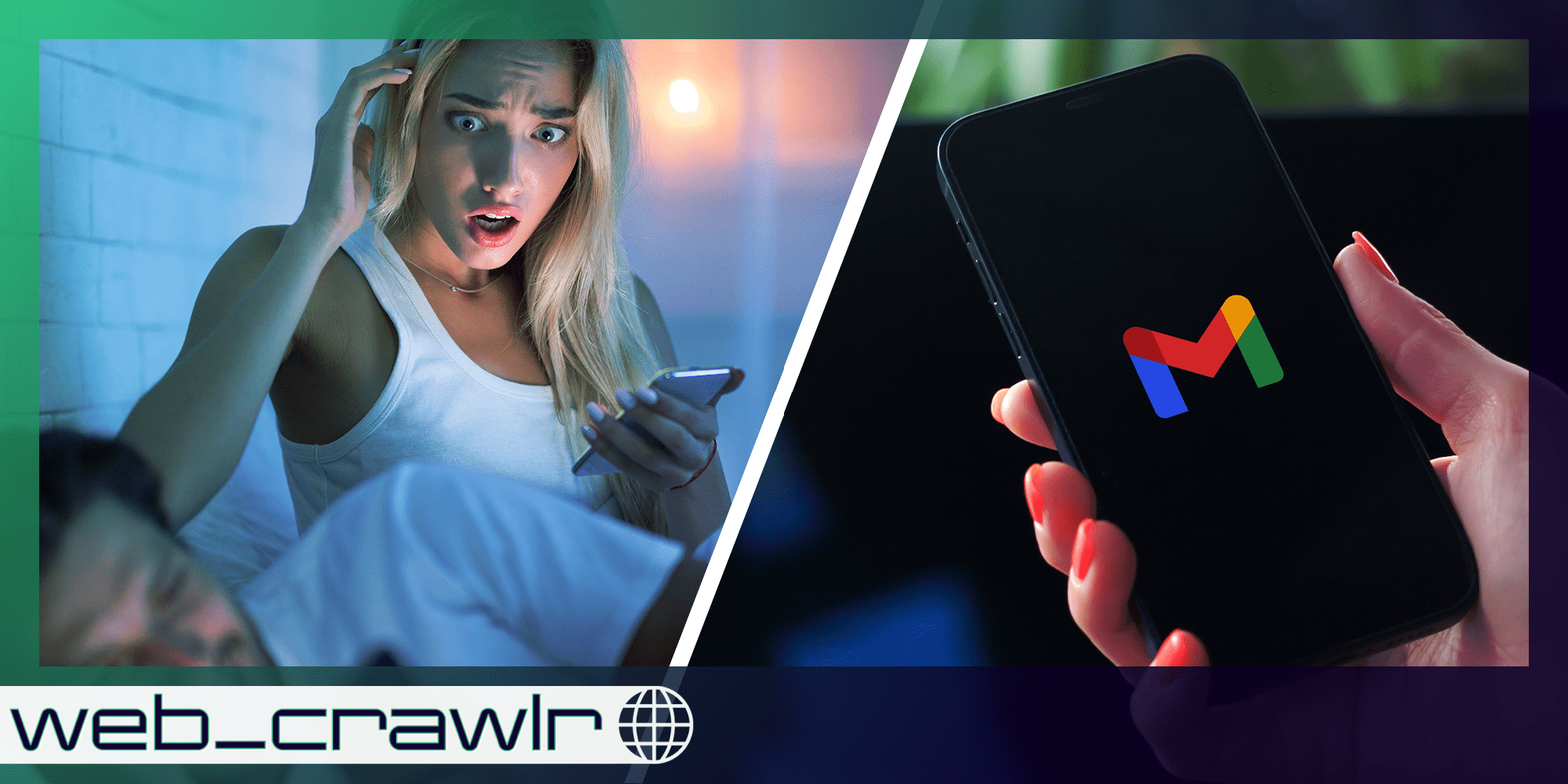 woman looking shocked at husband(l) Woman holding iPhone with Gmail app on display(r)