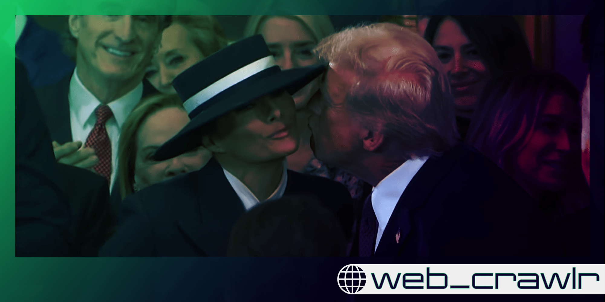 Melania Trump wearing a hat with Trump trying to kiss her. The Daily Dot newsletter web_crawlr logo is in the bottom right corner.
