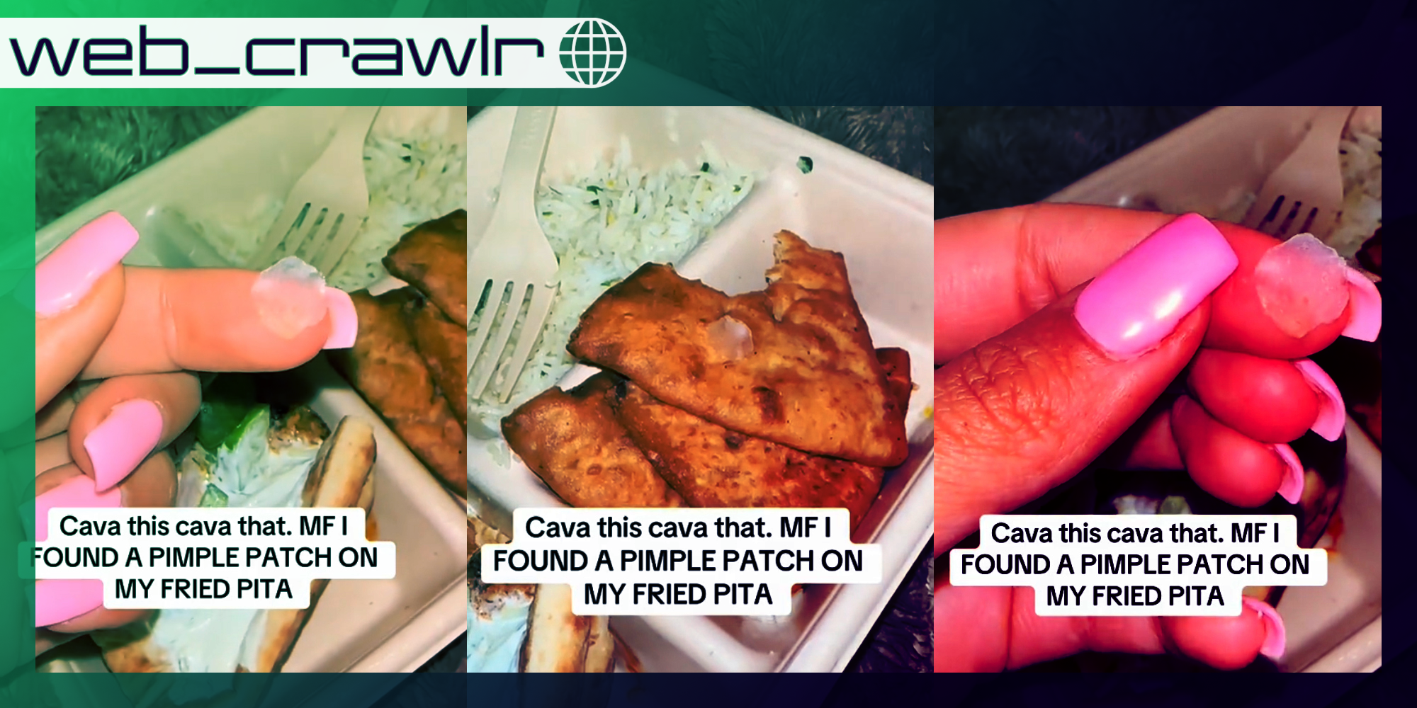 Three screenshots of someone showing a pimple patch on pita chips. The Daily Dot newsletter web_crawlr logo is in the top left corner.