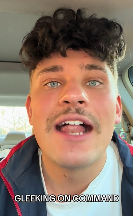 TikTok video of a man sticking his tongue out with a caption reading "GLEEKING ON COMMAND."