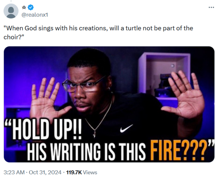 Tweet with the "his writing is this fire" image.