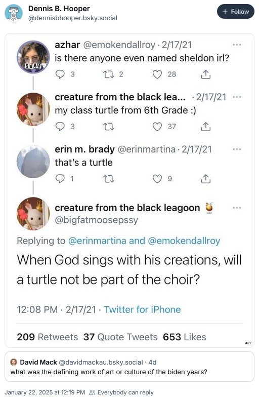 Bluesky quote post with a screenshot of the "when god sings with his creations" conversation.