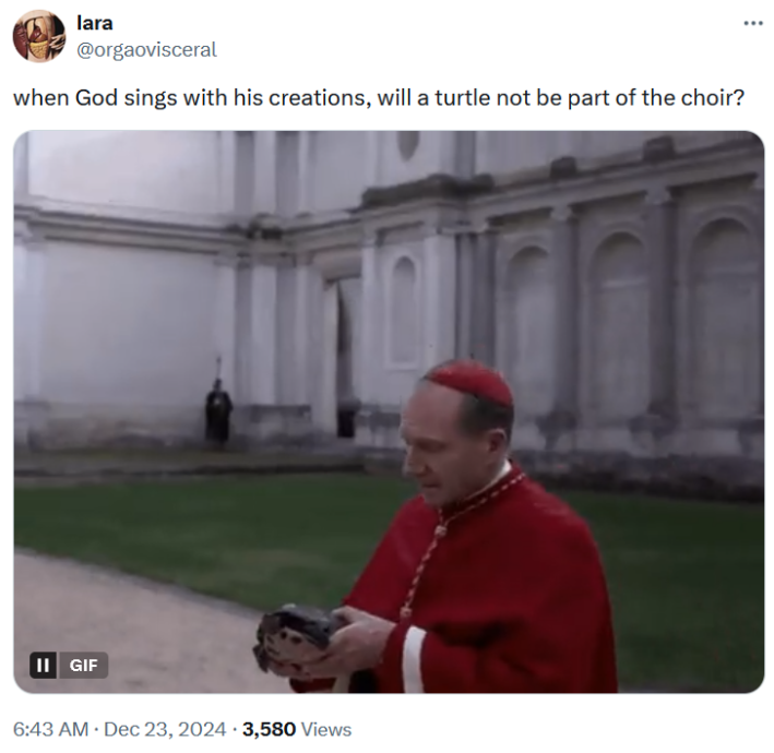 "When god sings with his creations" meme with a gif from Conclave.