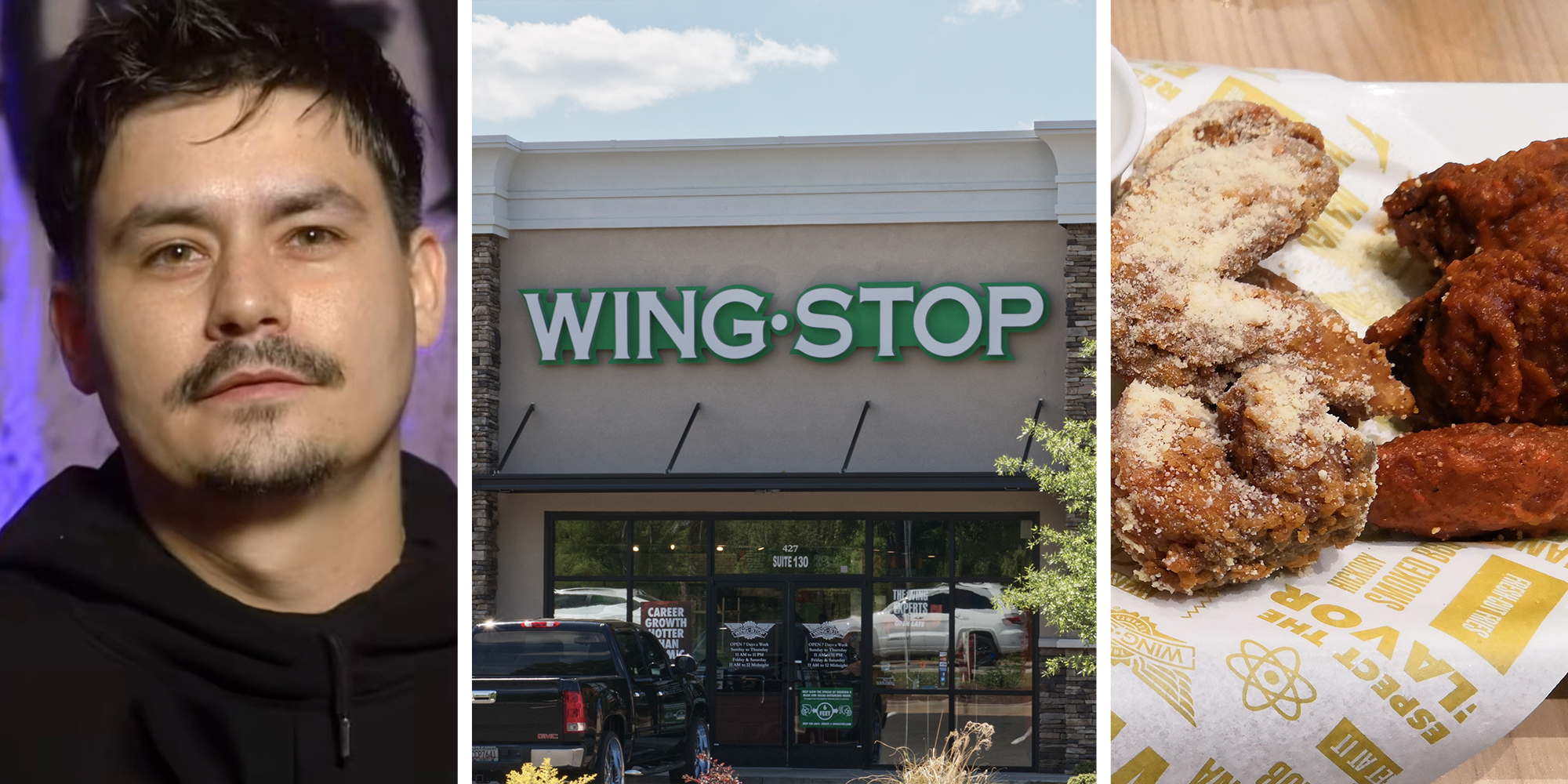 man sharing what he saw on his wingstop order(l) WingStop Store Front(c) Wings(r)