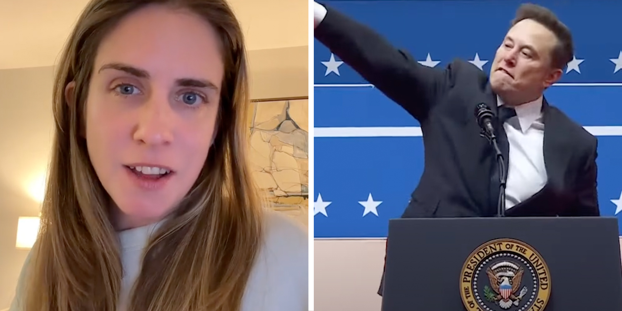 Woman talking(l), Elon musk giving nazi salute(r)