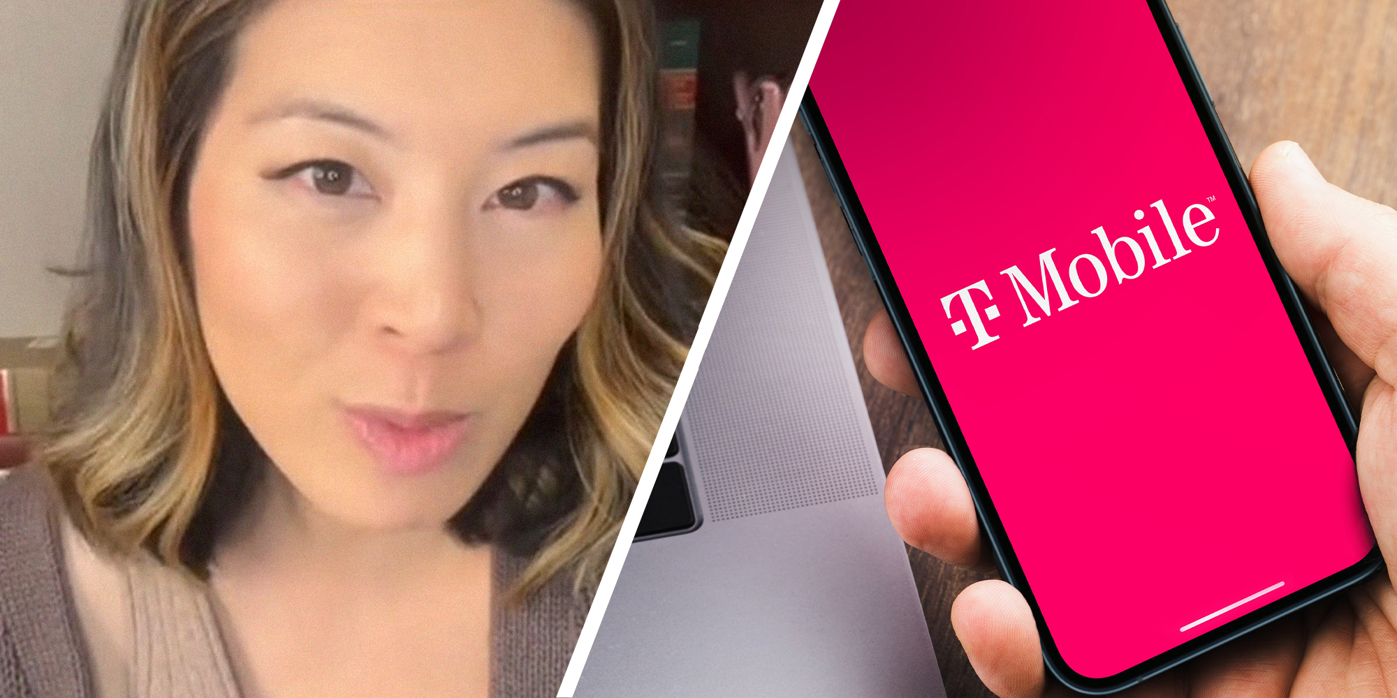 Woman shares T-Mobile Lawsuit(l) Person holding phone with Tmobile Brand on Display(r)