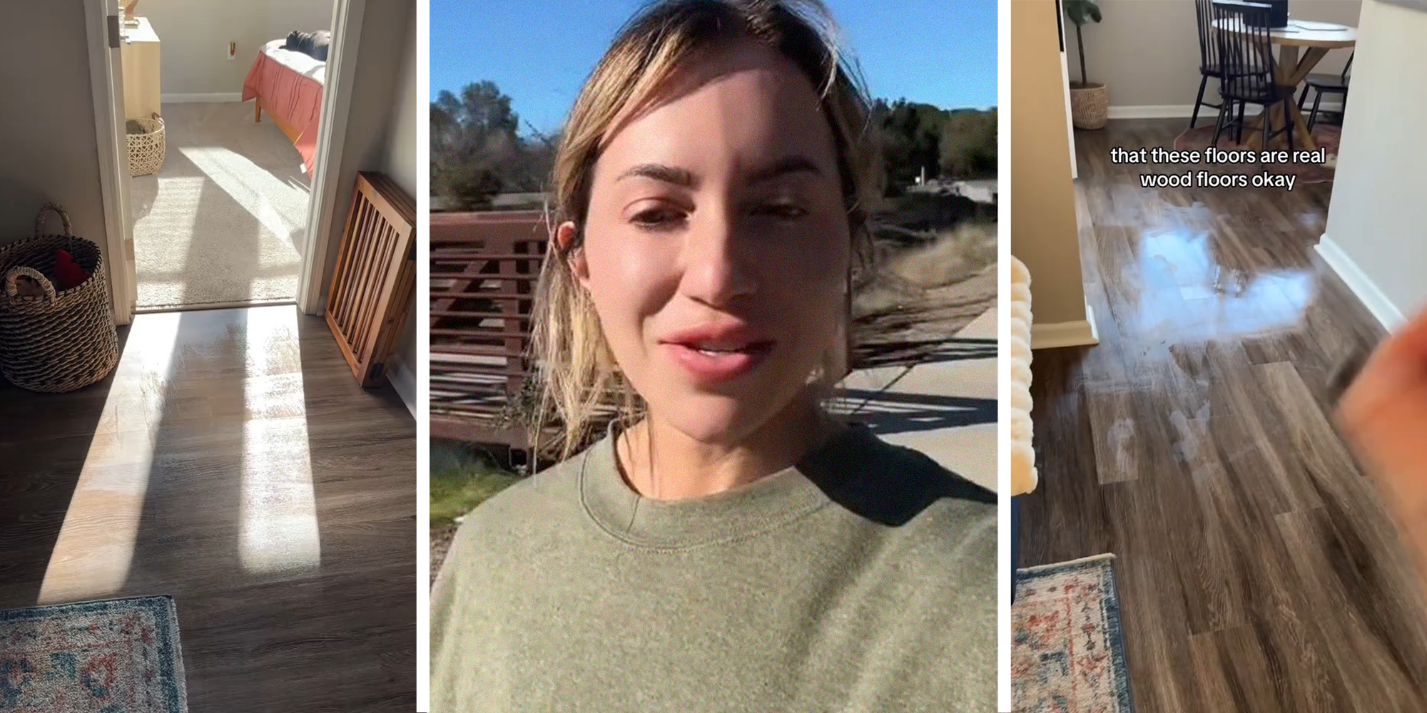 Wooden Floors(l) Woman shares her new apartment(c) Wooden floors in apartment(r)