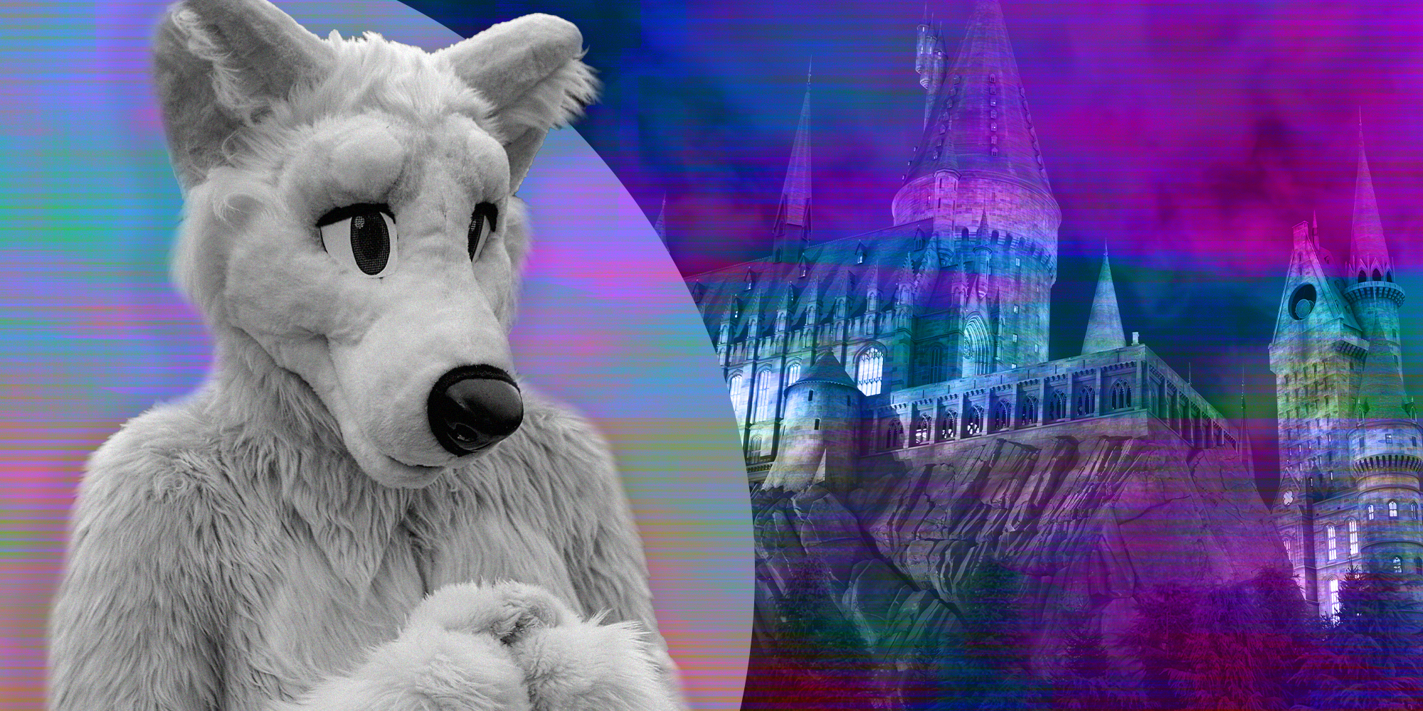 Dog Furry with hacked background of Hogwarts
