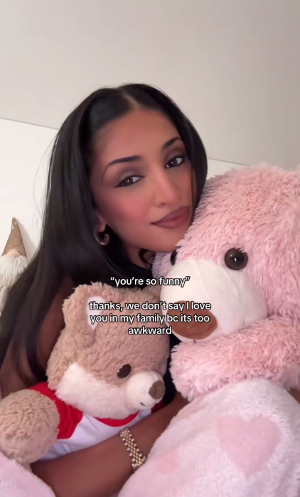 You're so funny meme trend, text overlay reads, "'You're so funny' thanks, we don't say I love you in my family bc its too awkward."