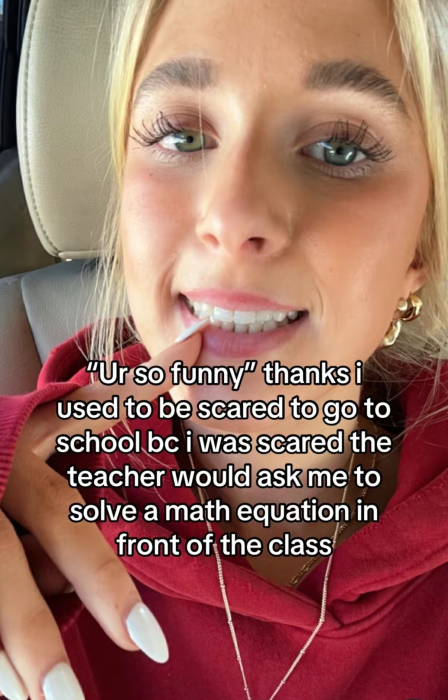 You're so funny meme trend, text overlay reads, "'Ur so funny' thanks i used to be scared to go to school bc i was scared the teacher would ask me to solve a math equation in front of the class"