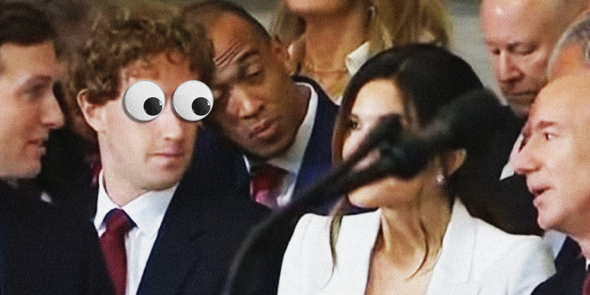 Photo collage of group from the inaguration ceremony. Mark Zuckerberg has googly eyes on his face.