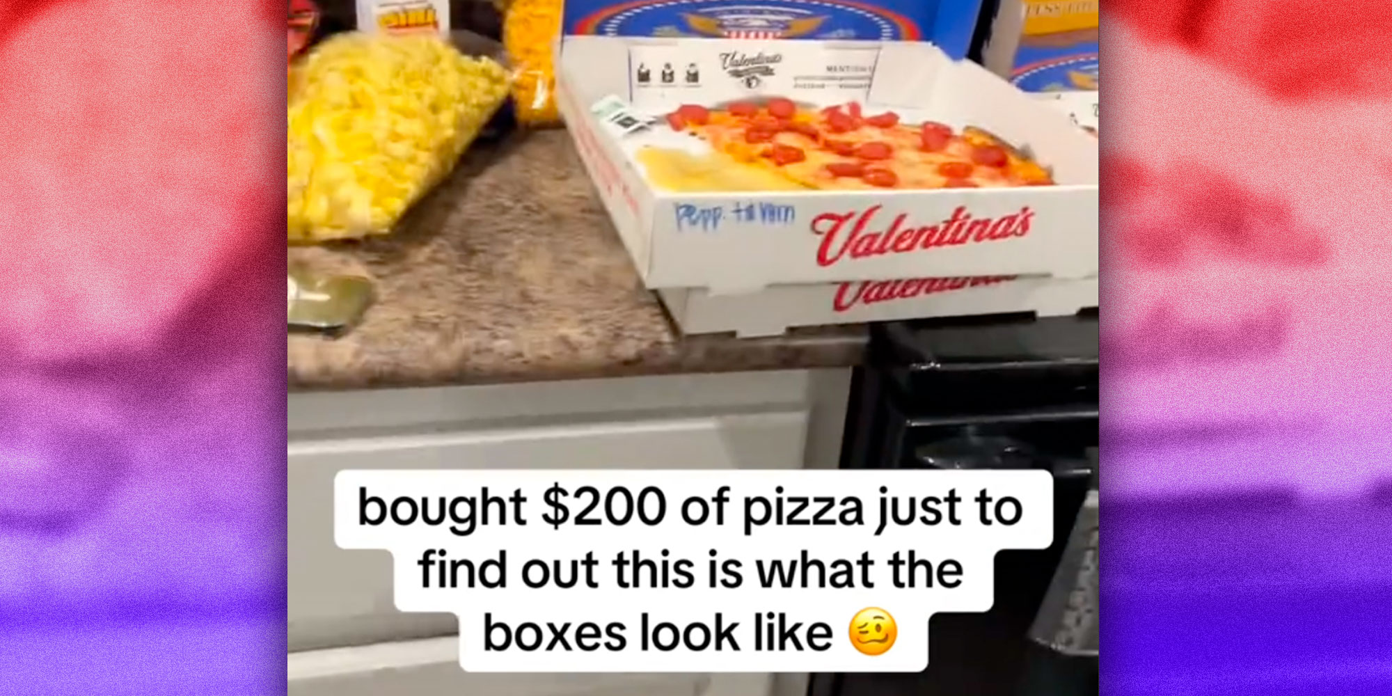 Screenshot from @kaitlinhobbes' Tiktok of a kitchen counter with an open pizza box and the caption 'bought $200 of pizza just to find out this is what the boxes look like".