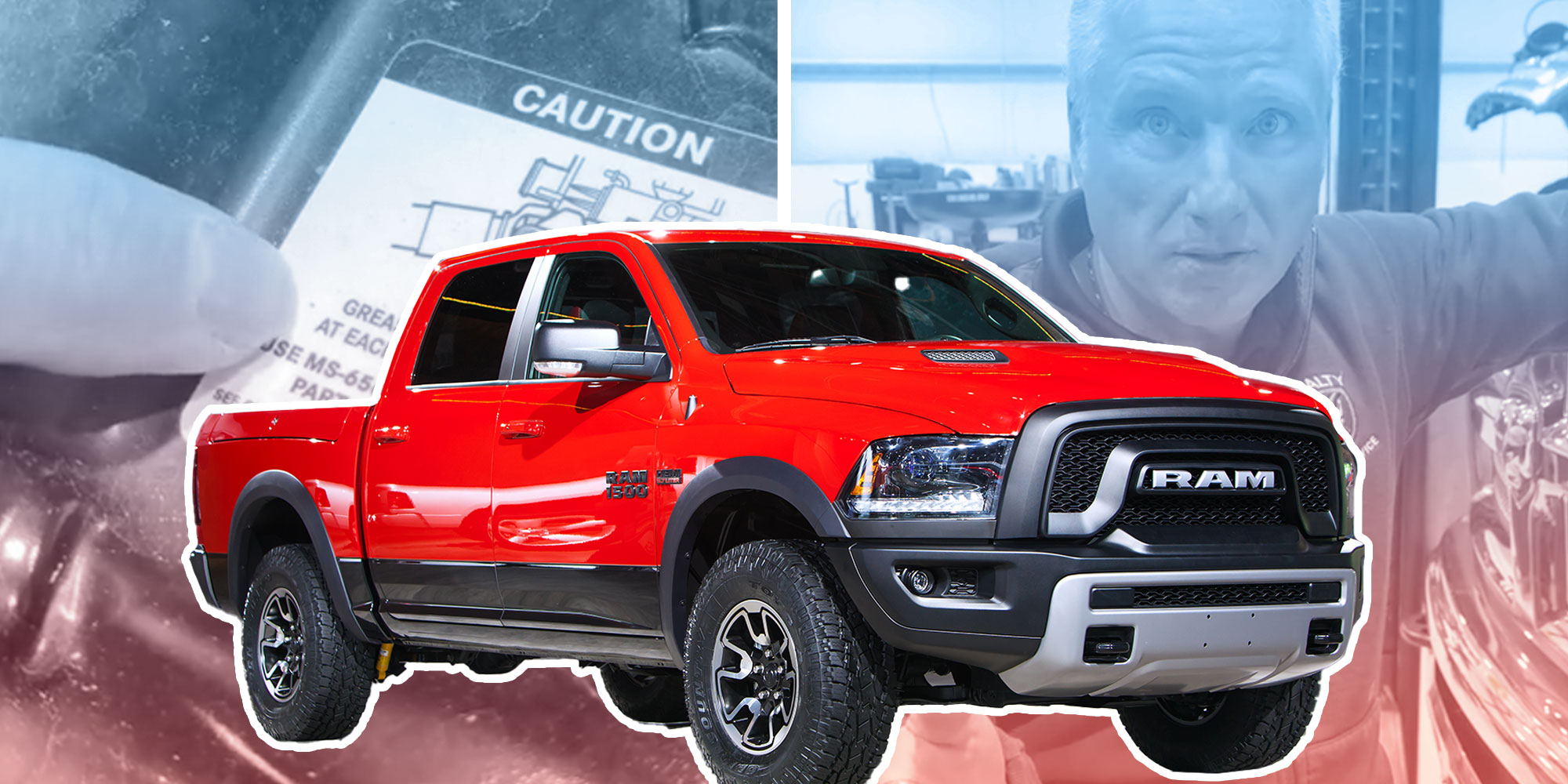 A photo of a Dodge Ram 1500; Tiktok user @royaltyautoservice pointing at a sticker on a Ram; Tiktok user @royaltyautoservice