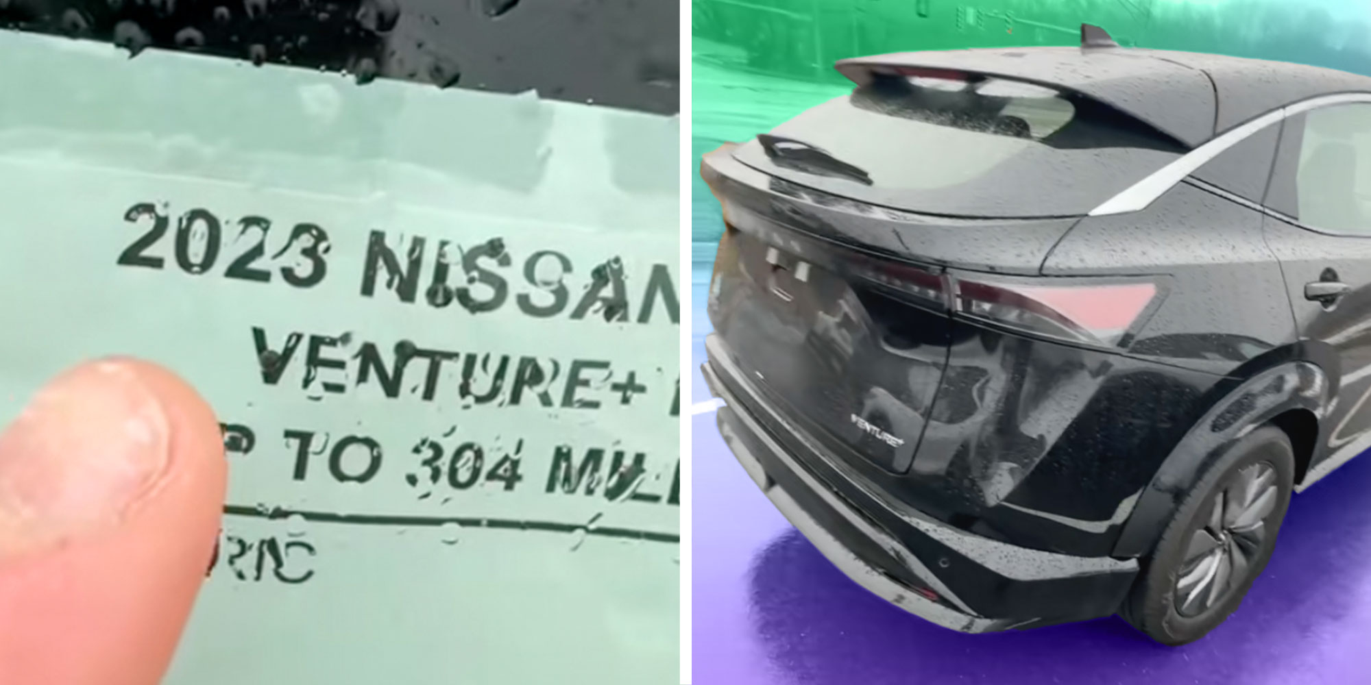 Screenshot from @carsrme's Tiktok of a label that reads "2023 Nissan"; Screenshot from @carsrme Tiktok of the back of a 2023 Nissan.