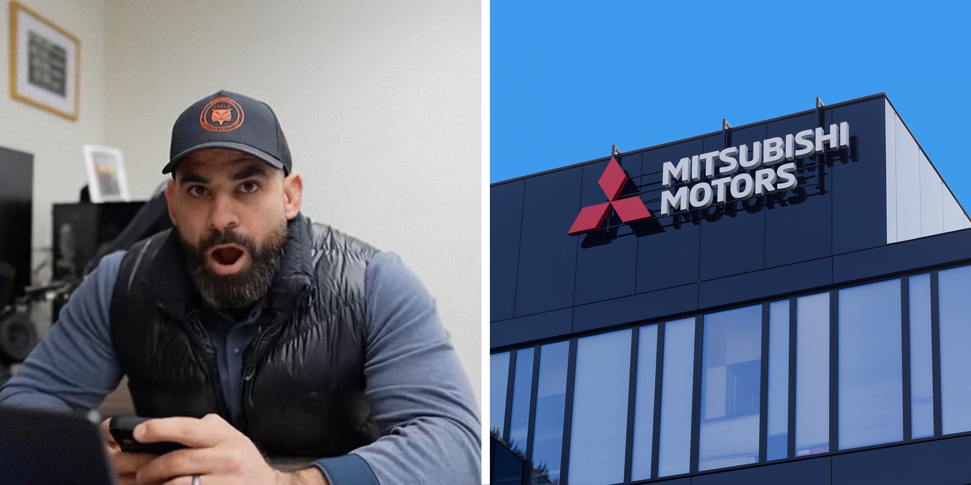 Split image. Dealership owner looking shocked on the phone on the left. Mitsubishu Motors logo on building on the right.