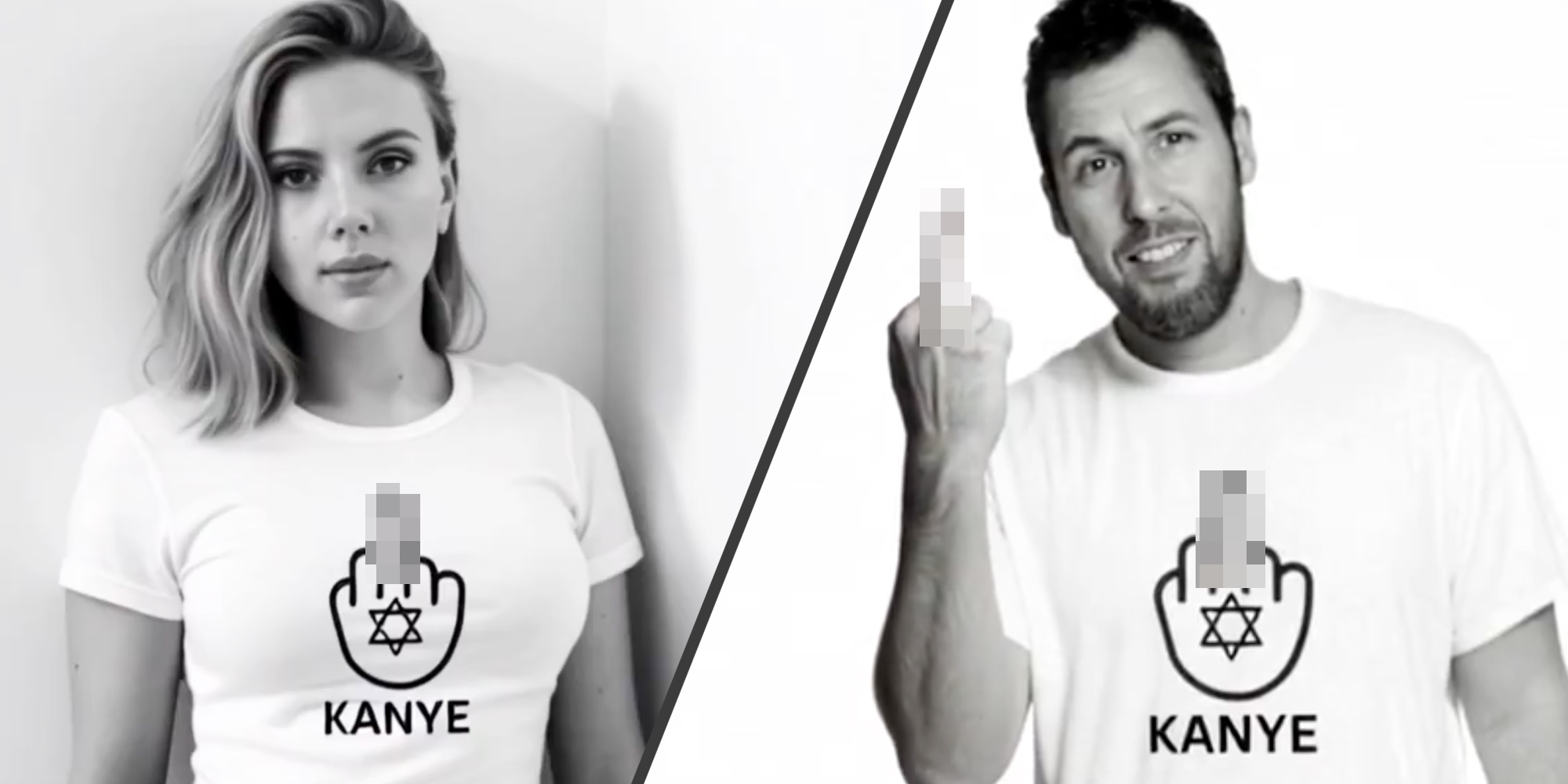 Ai Scarlett Johannson(l) and Adam Sandler(r) with blurred out middle finger on hand with jewish star and the name Kanye beneathe it. Adam is also giving a blurred out middle finger.