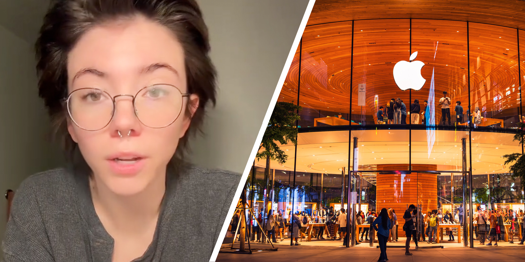 Person talking(l), Apple store exterior(r)