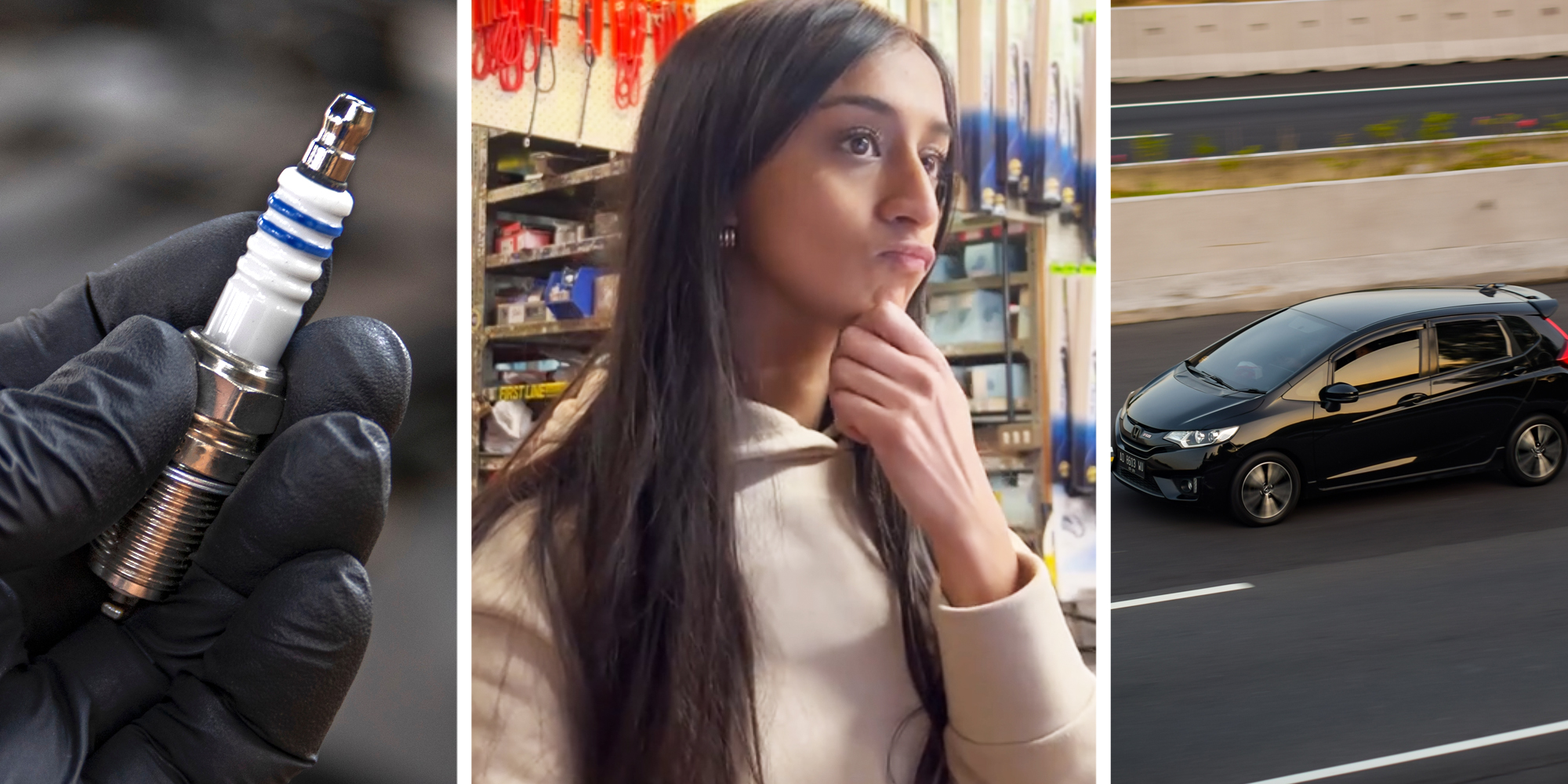 Hand holding sparkplug(l), Woman with hand to chin and thinking face(c), Honda jazz on the road(r)