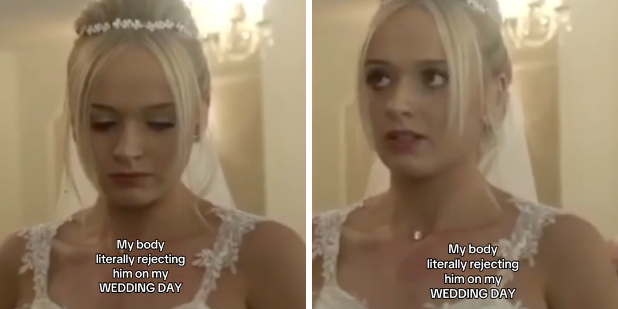 Bride looking scared in two split with text "my body literally rejecting him on my wedding day"