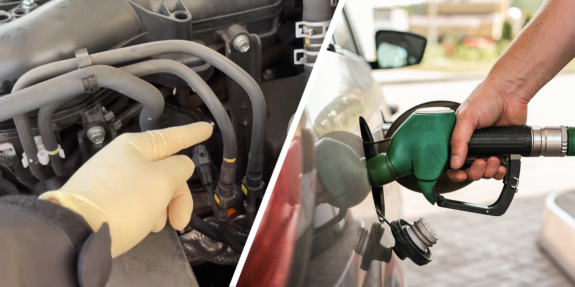 Split image. Person pointing to something under the hood of a car on the left. Someone pumping gas into a car on the right.