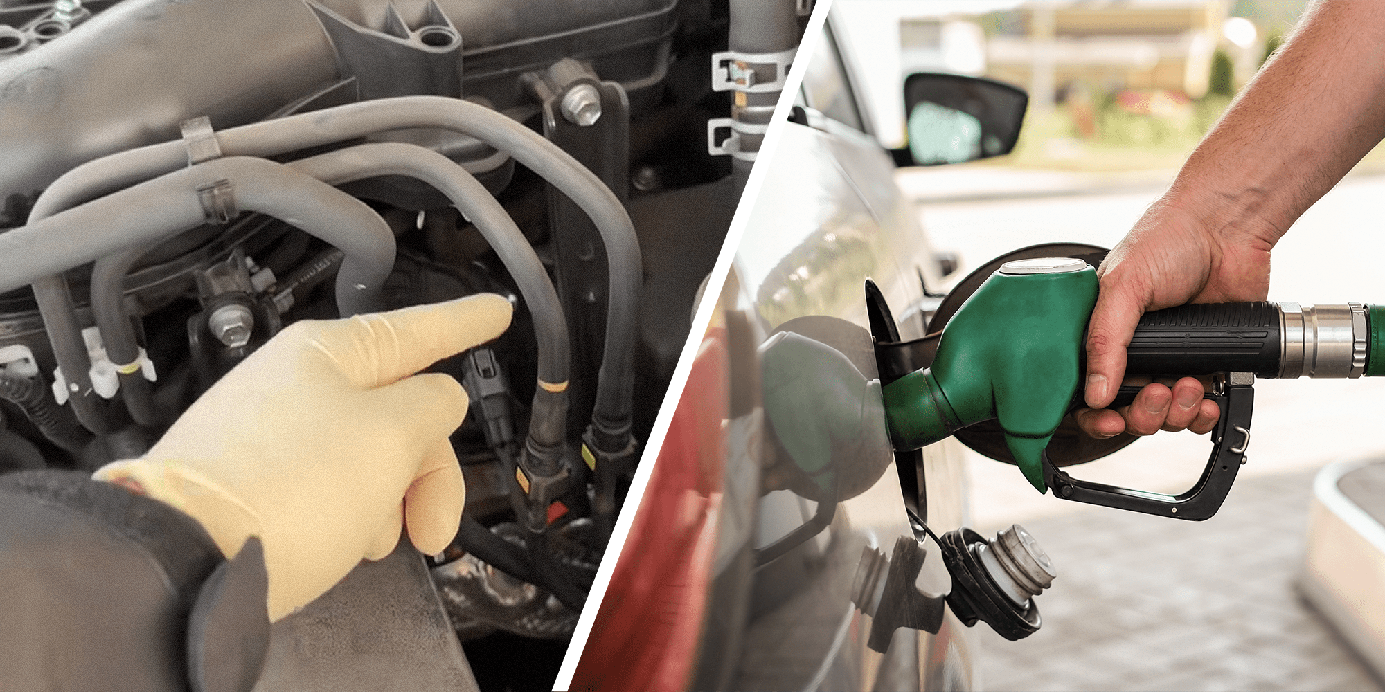 Split image. Person pointing to something under the hood of a car on the left. Someone pumping gas into a car on the right.