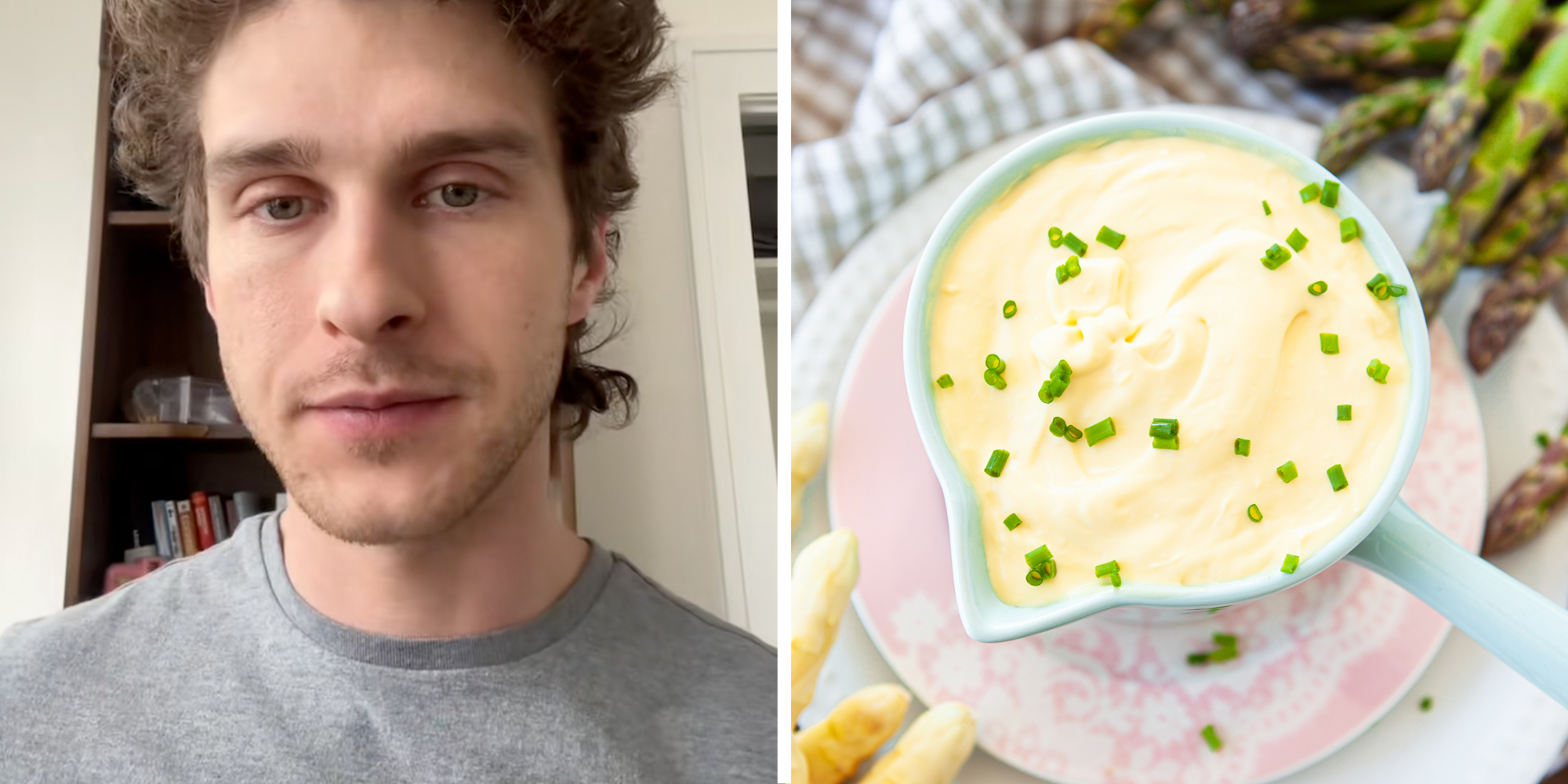 Man talking(l), Hollandaise sauce in cup by aspargus(r)