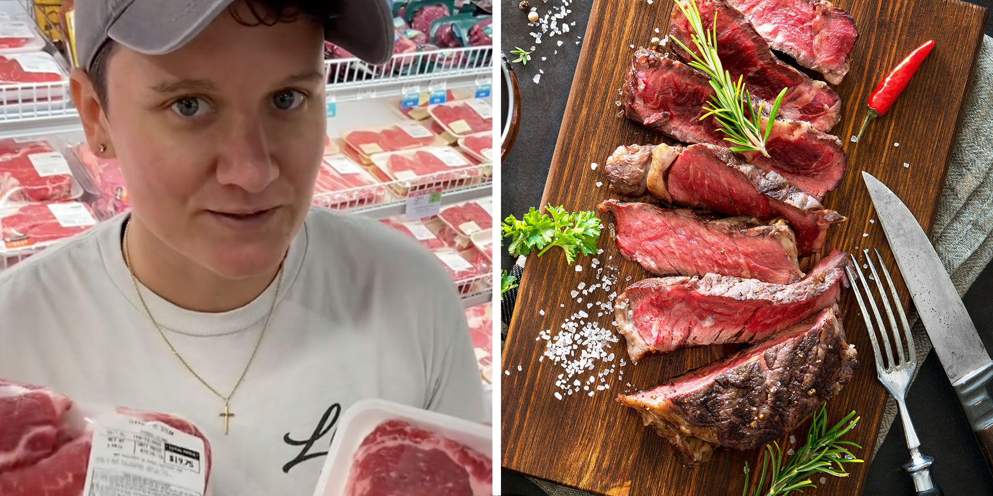 Screenshot of Tiktok user @abbyinthegalley; photo of a sliced Ribeye Steak.