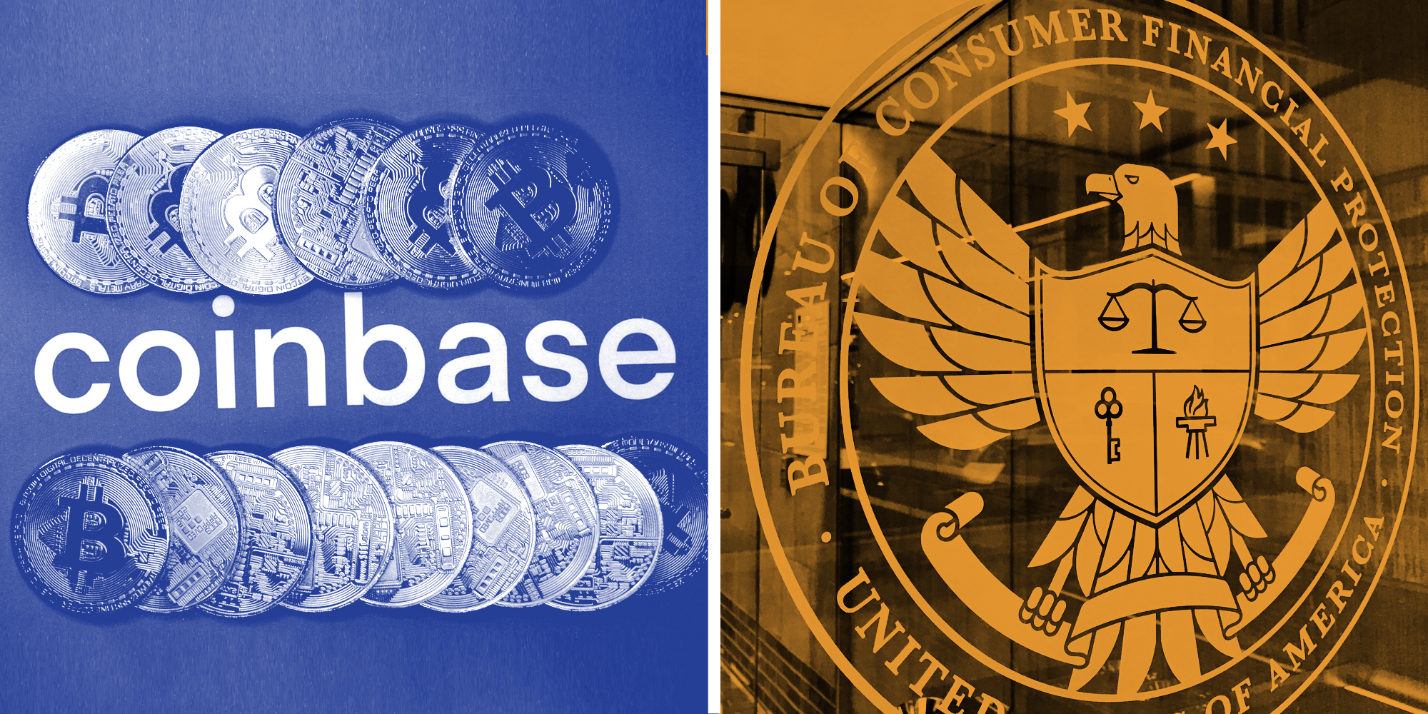 Coinbase logo with bitcoins(l), Bureau of Consumer Financial Protection(r)