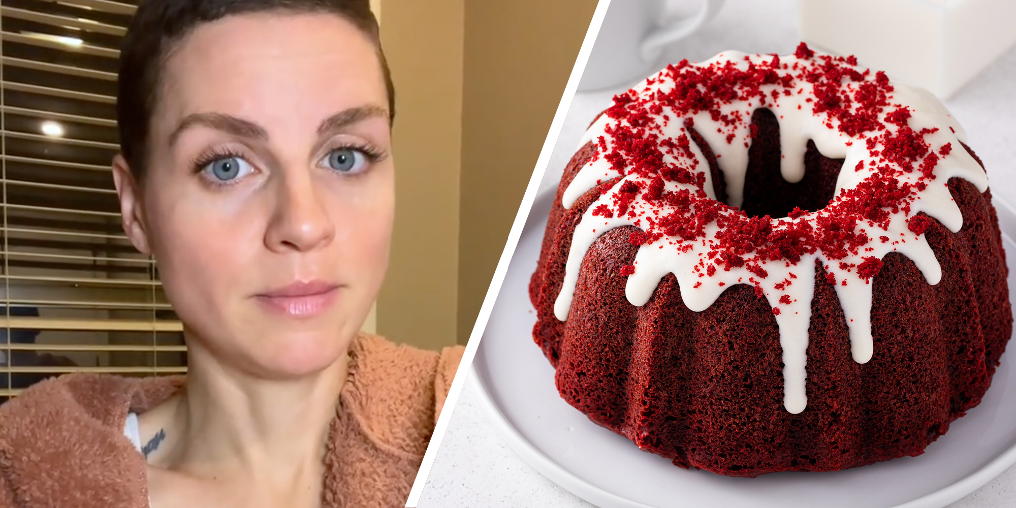 Woman talking(l), Red Velvet Bundt cake(r)