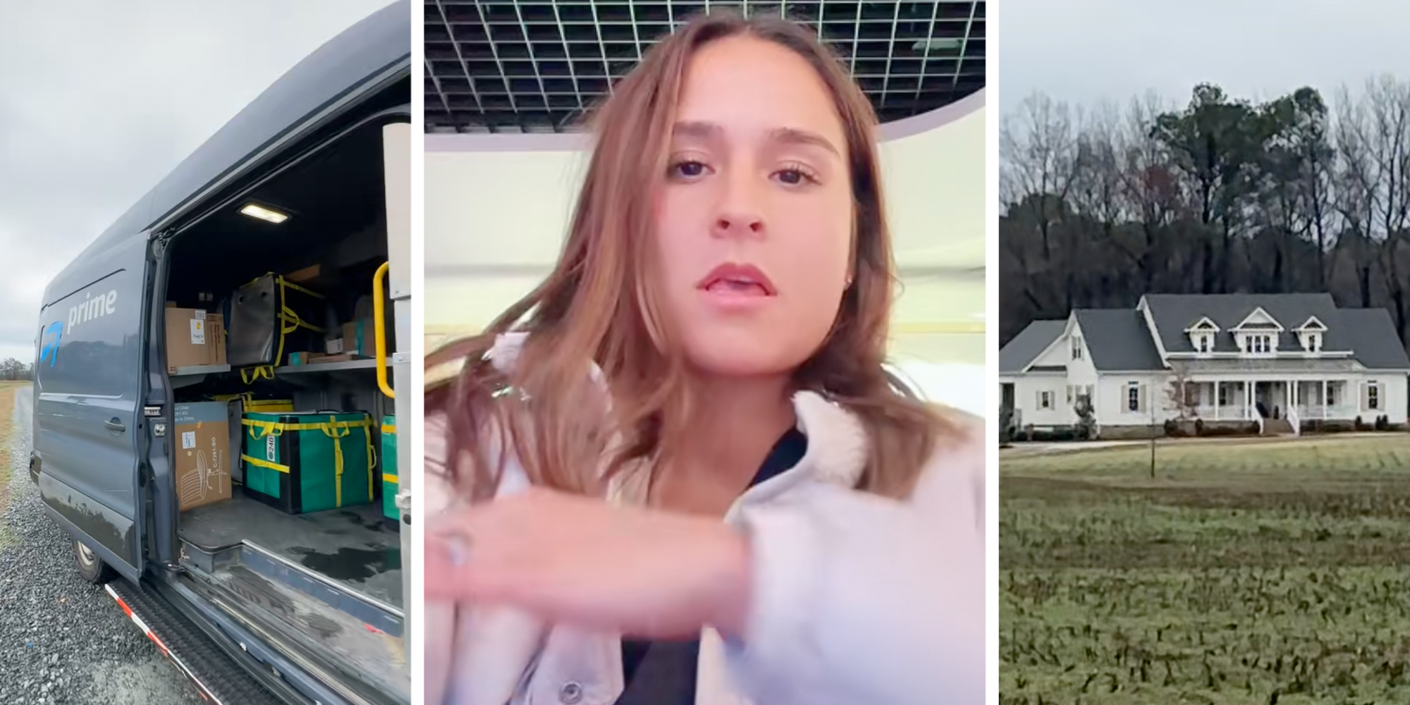 Amazon Truck(l), Woman talking(c), House(r)