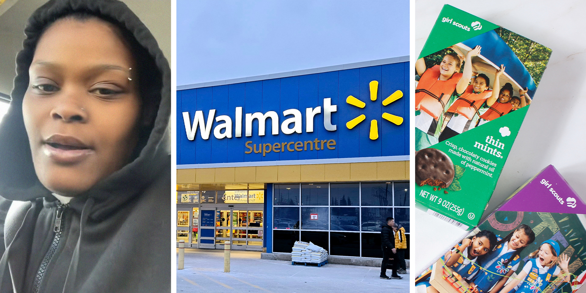 woman shares where to get girl scout cookies(l) Walmart Store Front(c) Girl scout cookies(r)