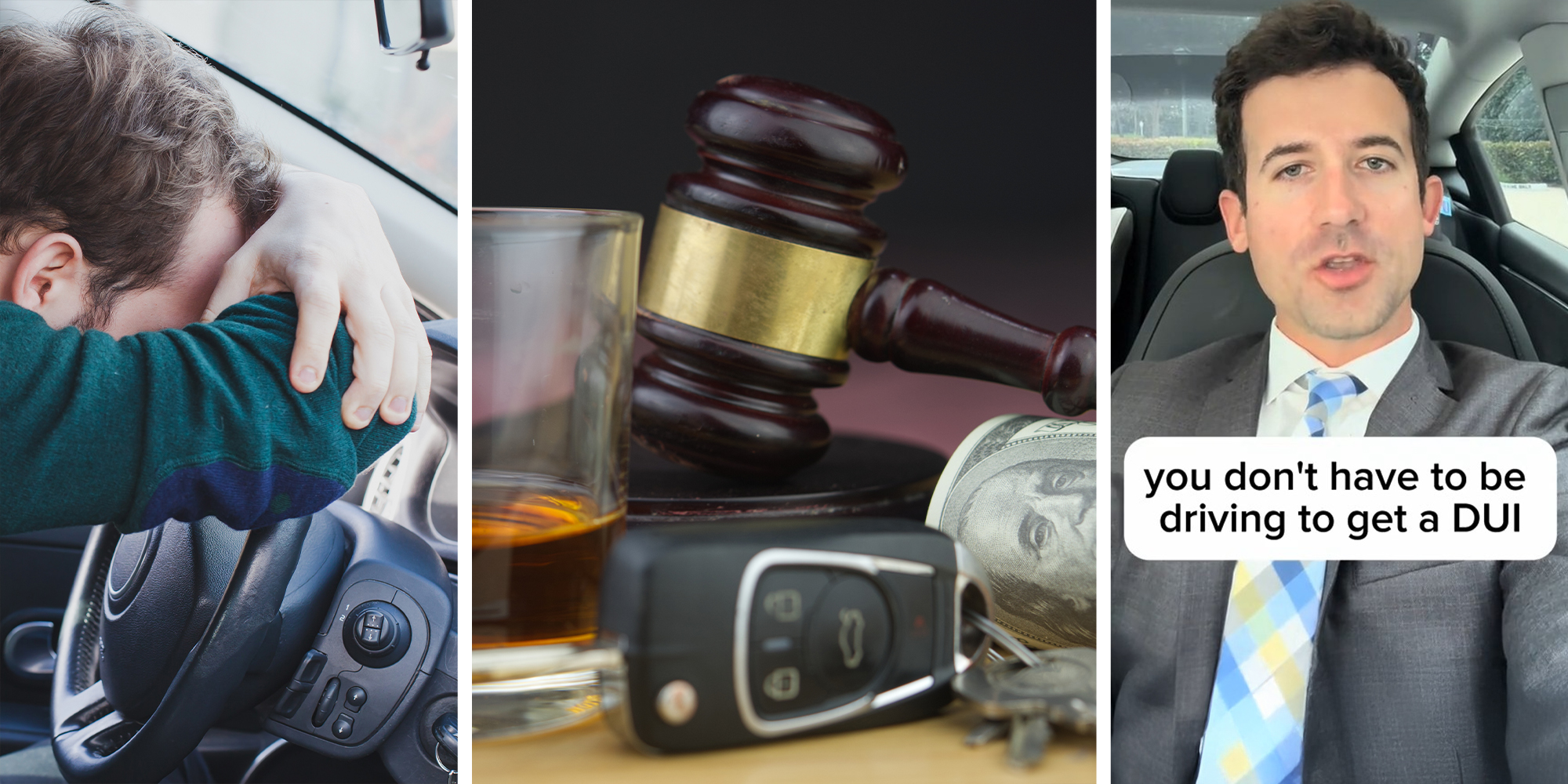 man with head down while Infront of a steering wheel(l) drink driving concept. Judge hammer and whiskey glass,car key(c) Man wearing a suit shares information about DUI