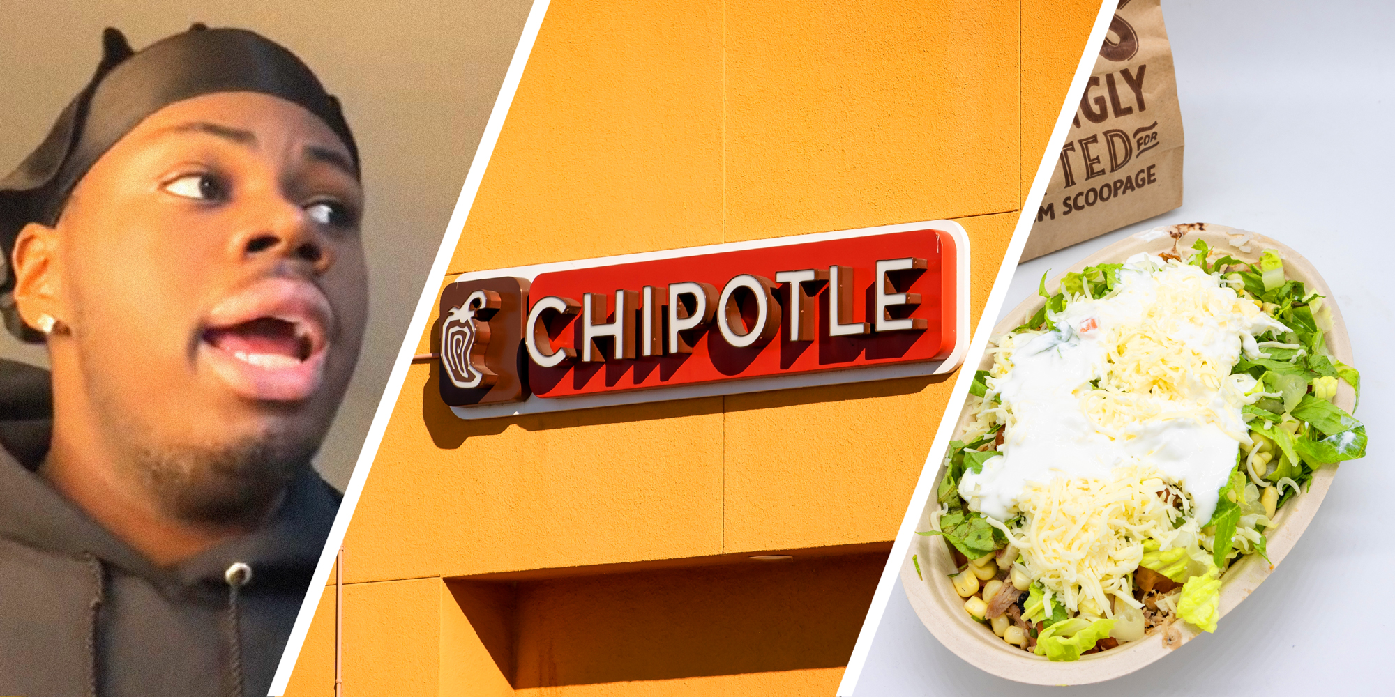 3 panel image: on the left a person explains, in the middle is the exterior of a Chipotle restaurant, and on the right is a Chipotle burrito bowl.