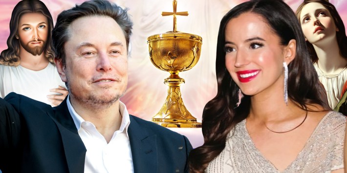 Elon Musk and Jesus(l), Chalice(c), Ashley St Clair and Mary Magdelene(r)
