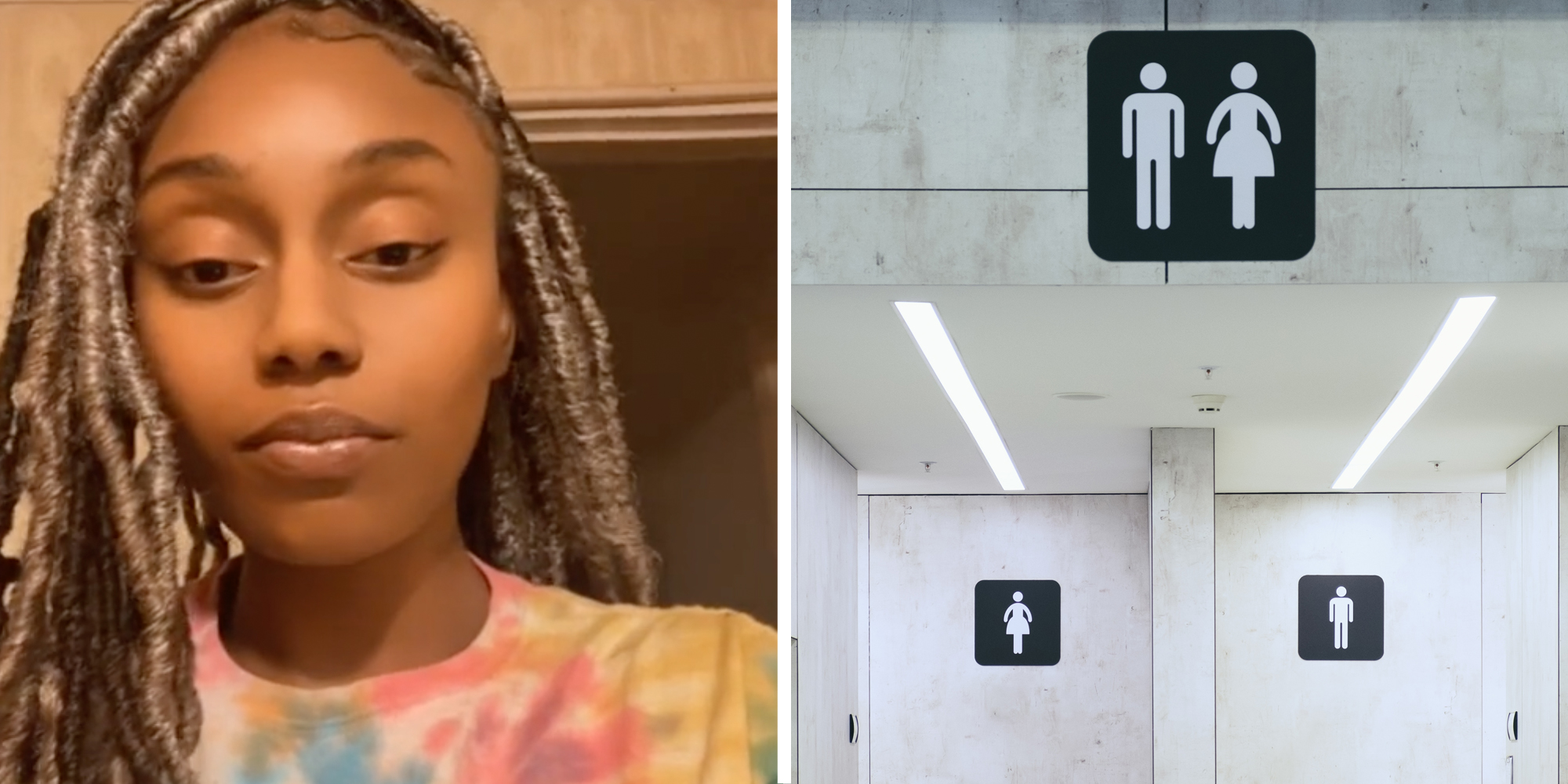 Woman talking(l), Public restrooms(r)