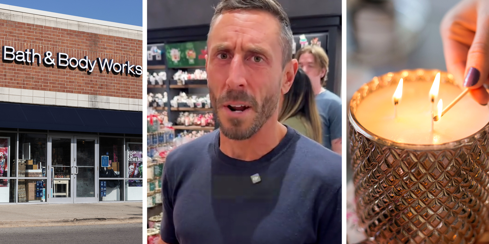 Bath & Body Works storefront(l), Man talking(c), candle being lit(r)