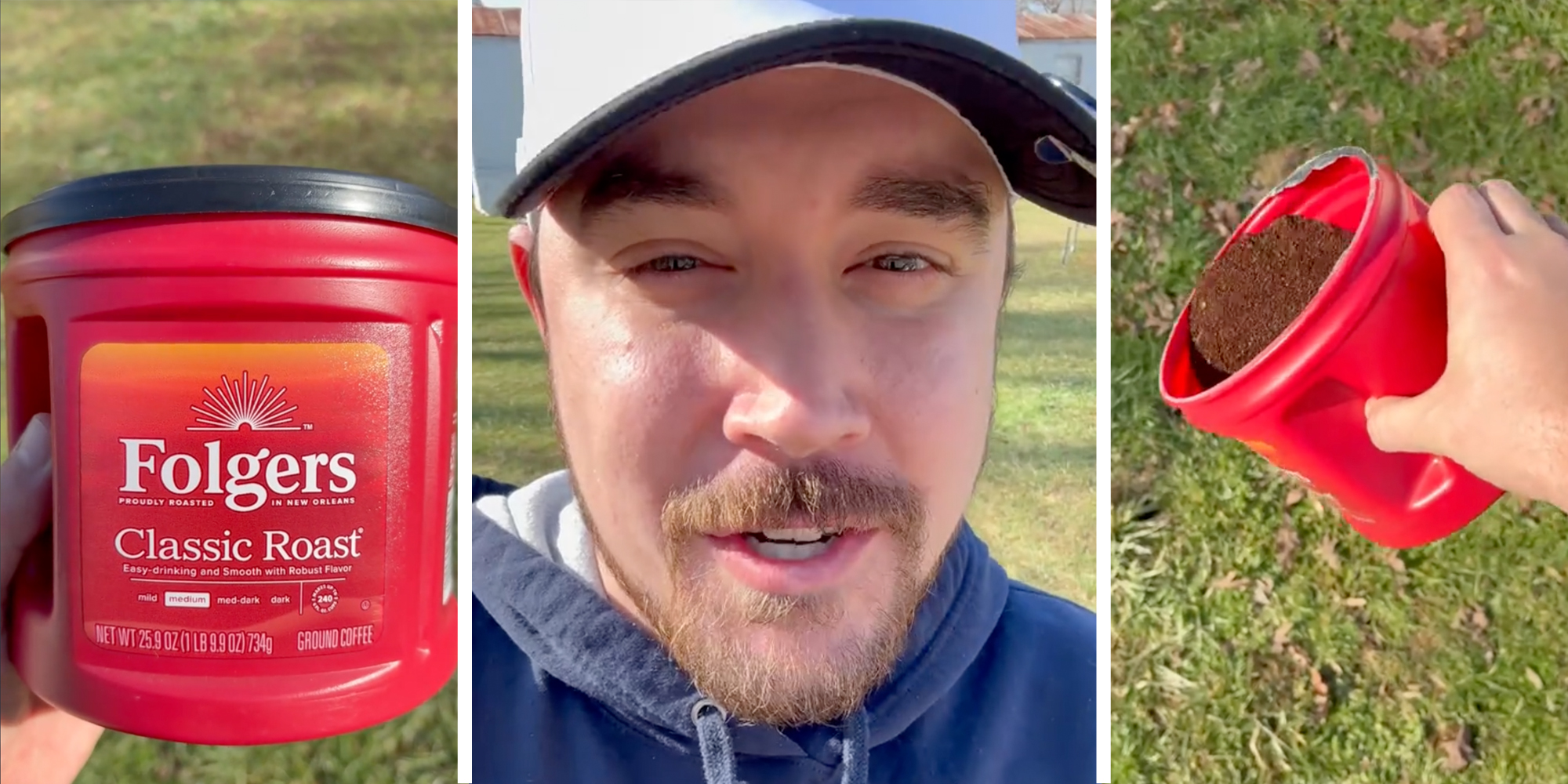 Folgers Coffee container(l), Man talking(c), Hand sprinkling coffee from container(r)