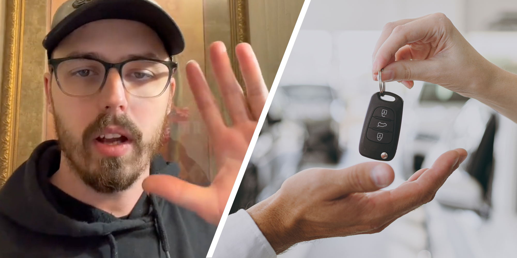 Man talking(l), Hands passing off keys(r)