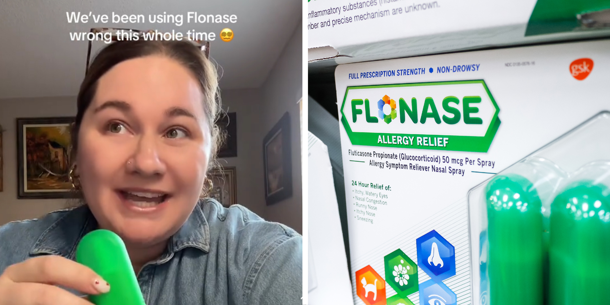 2 panel image of a person explaining on the left and a box of Flonase allergy relief on the right.