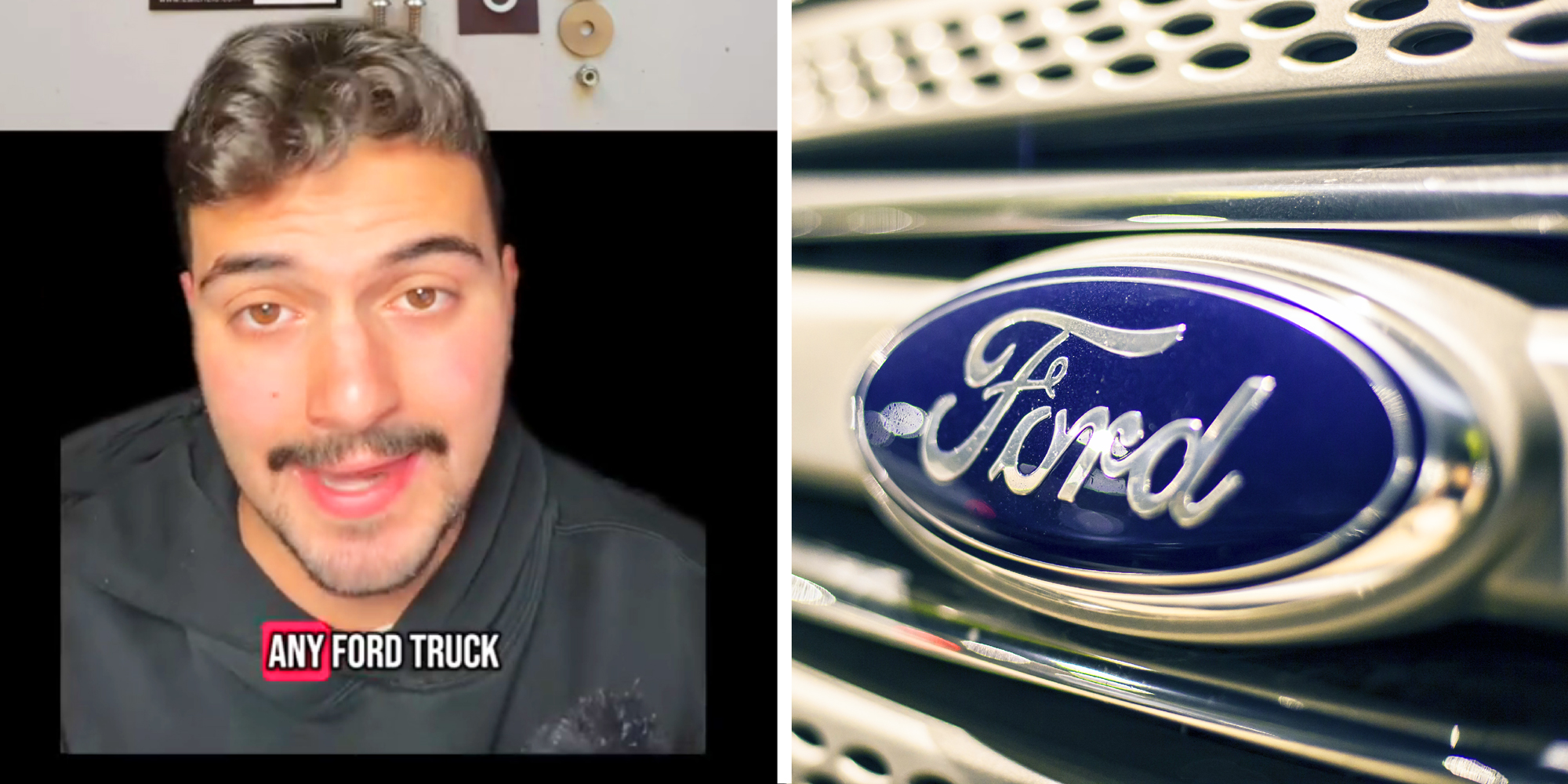 2 panel image: on the left a person explains and on the right is the Ford logo.