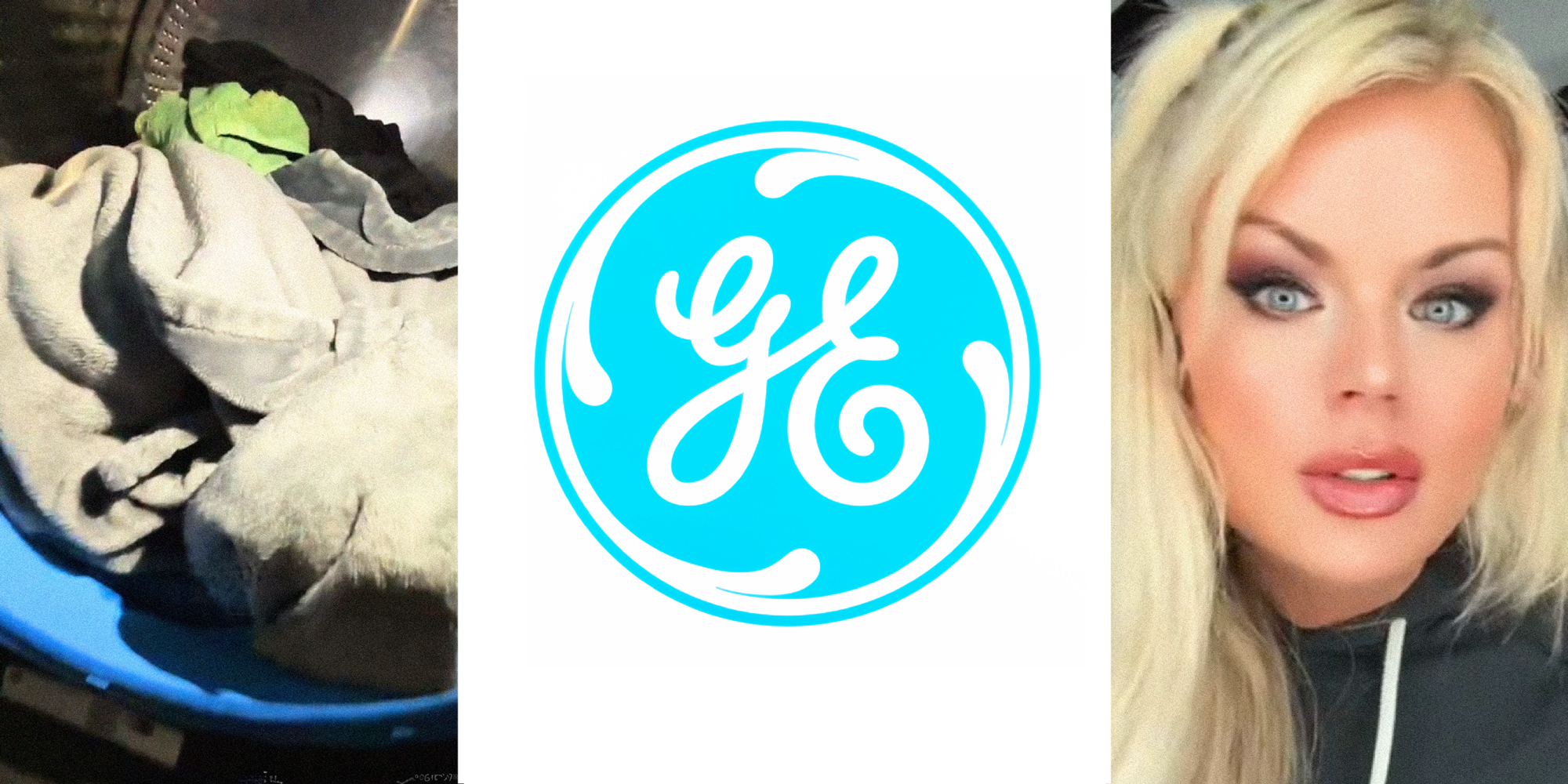 3 panel image: on the left is a view inside the appliance, in the middle is the General Electric logo, and on the right a person explains.