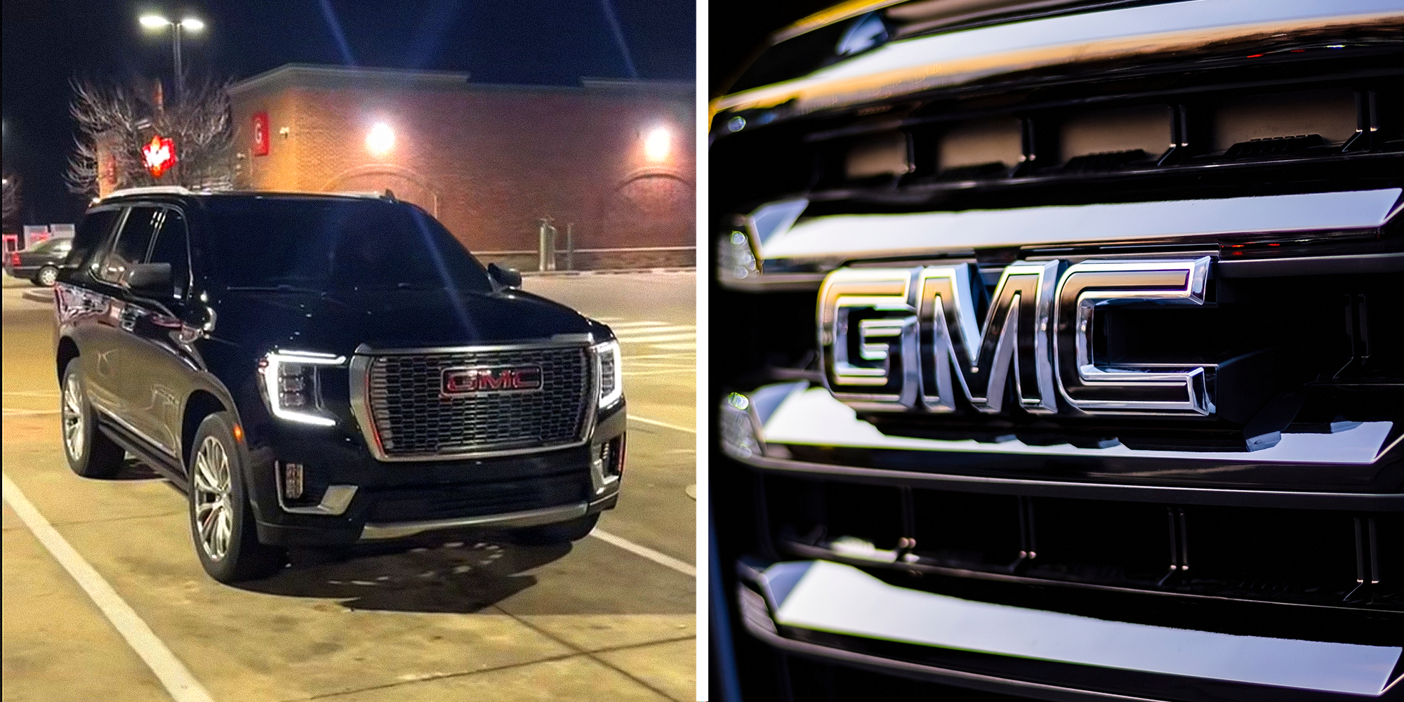 Person's new GMC Denali getting towed on left. GMC logo on car on right.