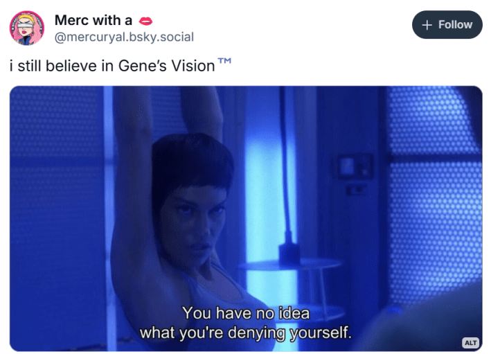 I still believe in Gene Roddenberry's vision for the future meme with T’Pol stretching her arms upwards and staring offscreen. Text reads, “You have no idea what you’re denying yourself.”