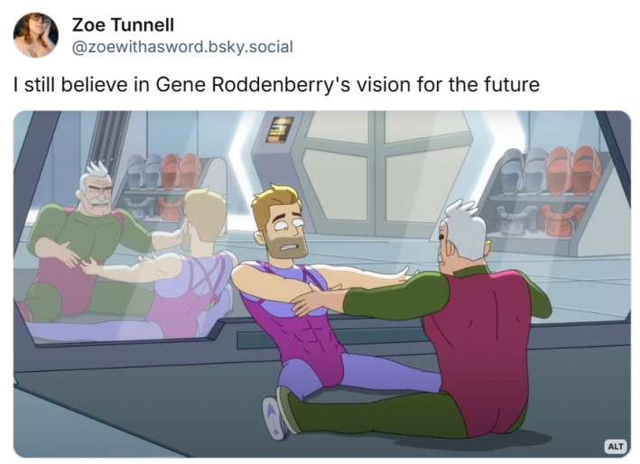 I still believe in Gene roddenberry's vision for the future meme with a screencap from the Star Trek animated series of Ransom and Shaxs working out in 80s workout clothes.