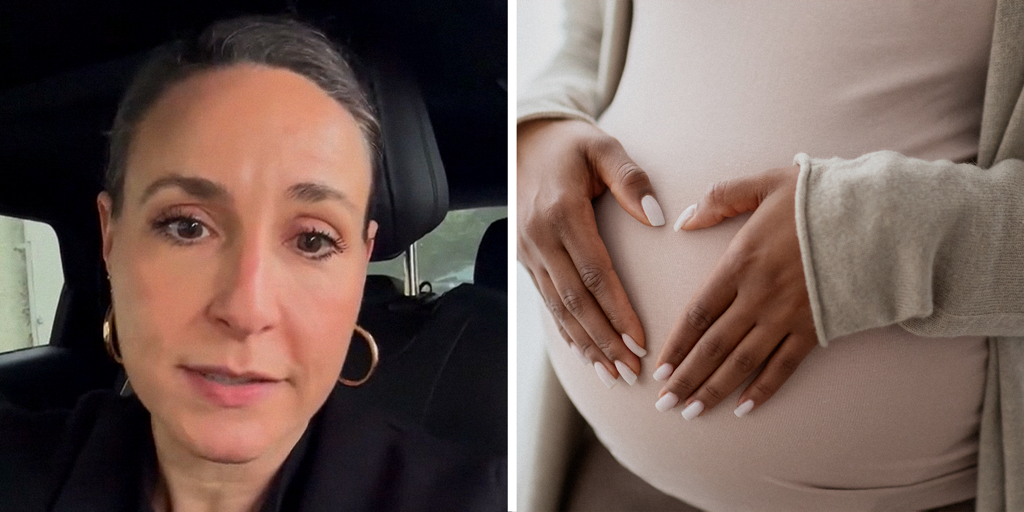 Split image; Dr. Bonnie Goff on the left, pregnant person holding stomach on the right