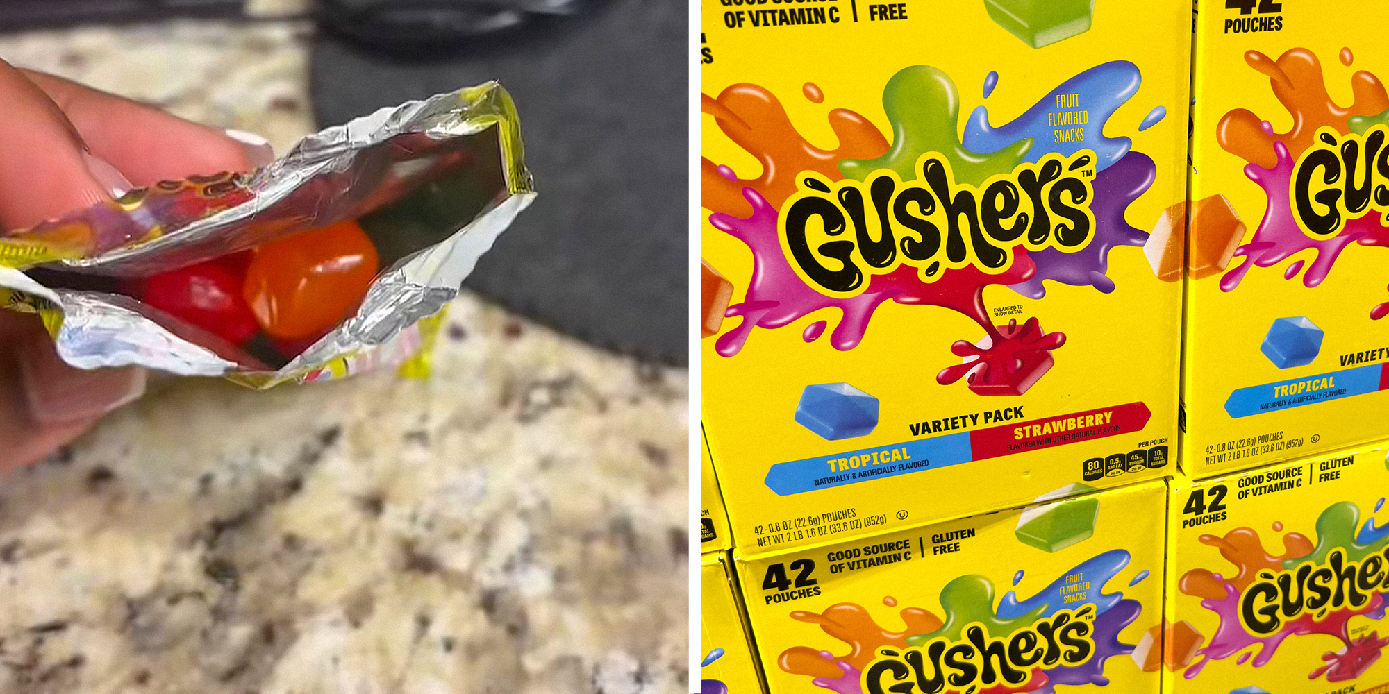 Split Image. Someone holding packet of open Gushers on left. Gushers boxes at store on right.