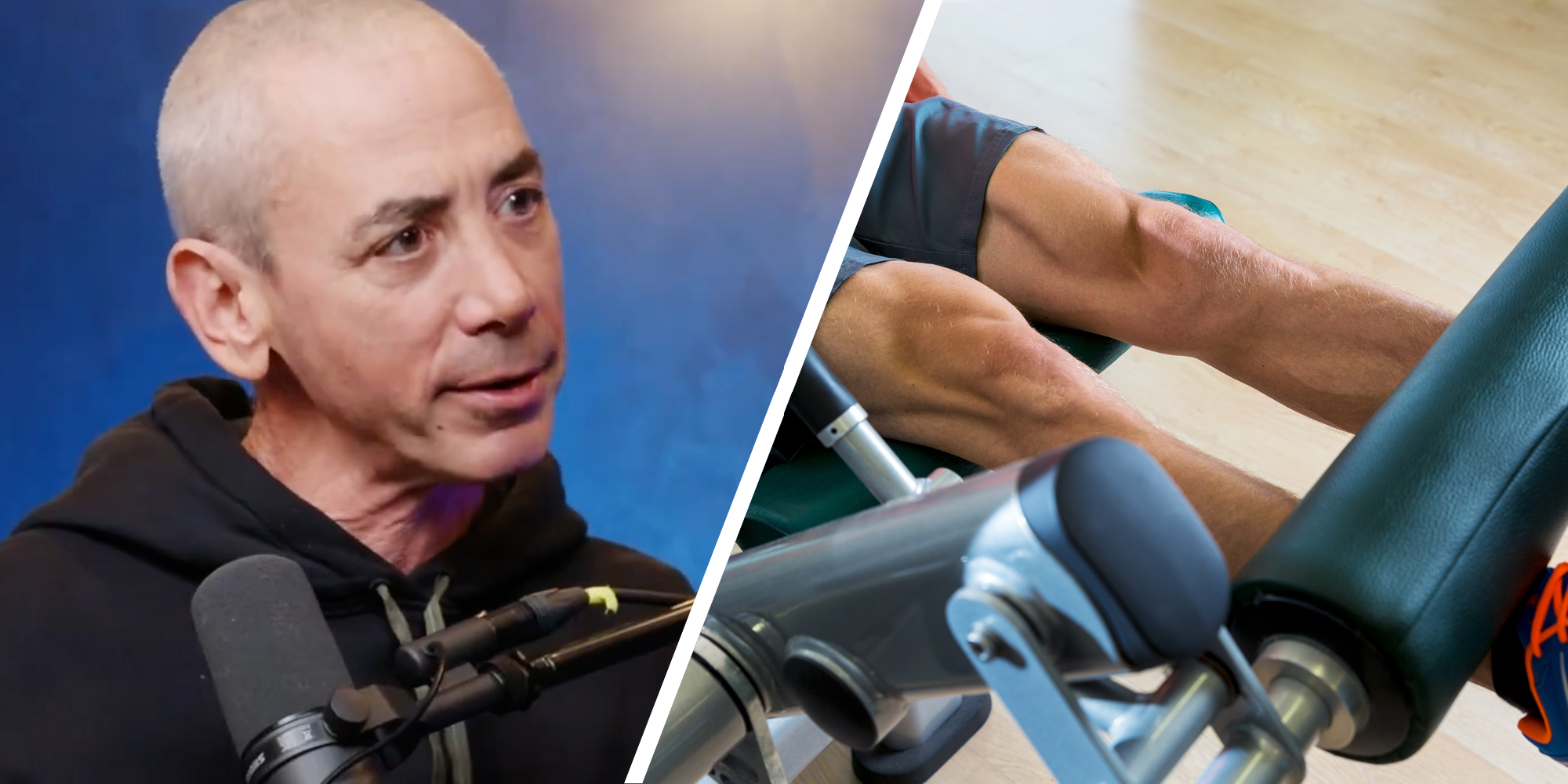 Man talking(l), Legs on workout equipment(r)