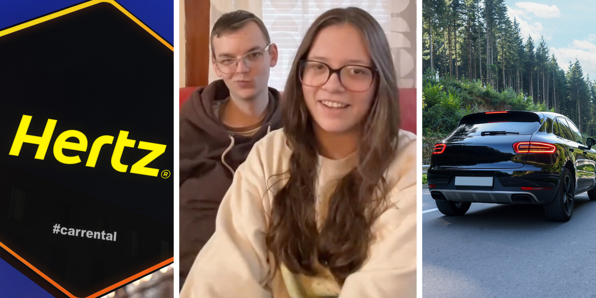 Hertz sign(l), Couple talking(c), Car on road(r)