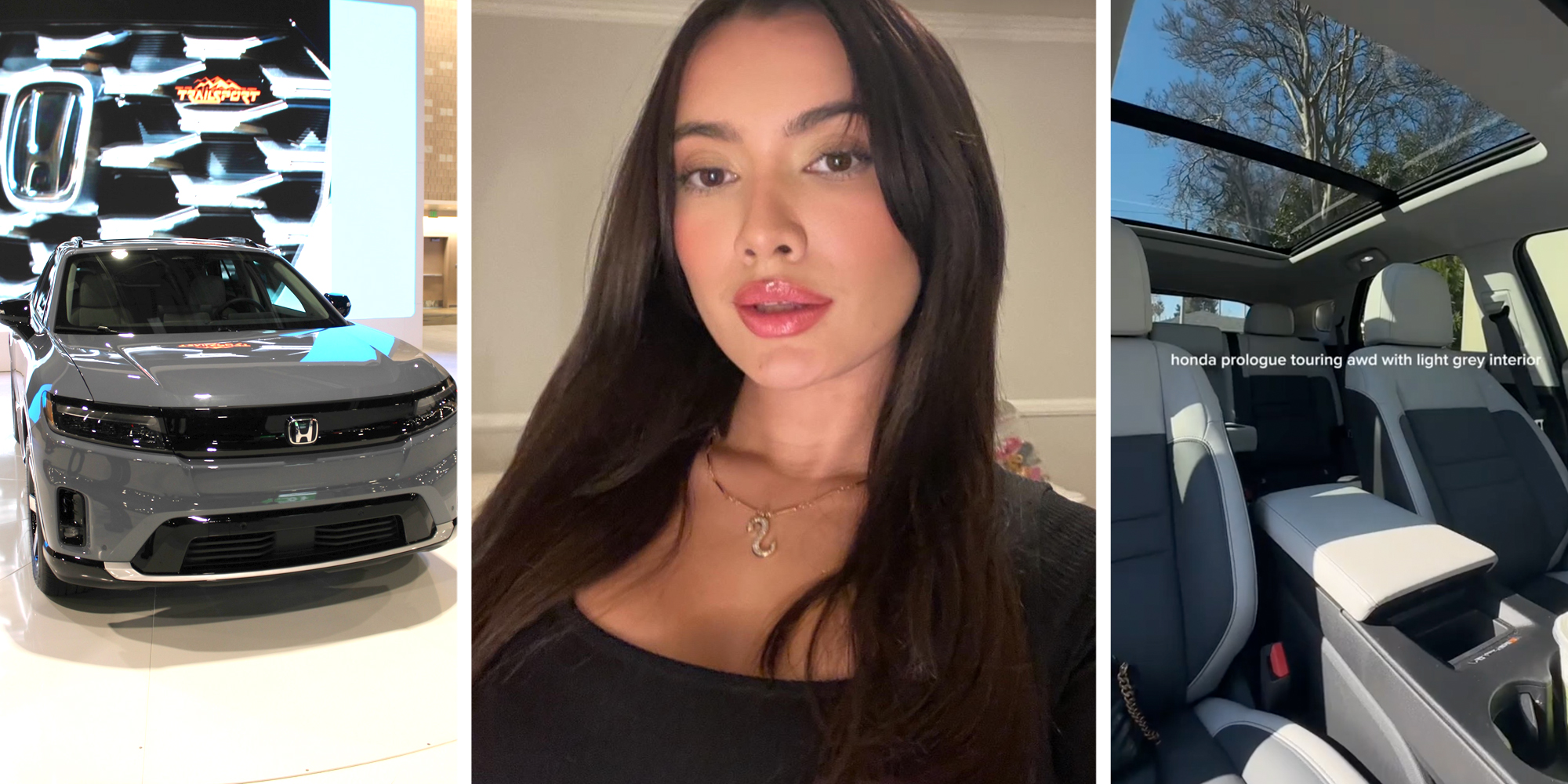 Honda Prologue(l), Woman talking(c), Interior honda prologue(r)